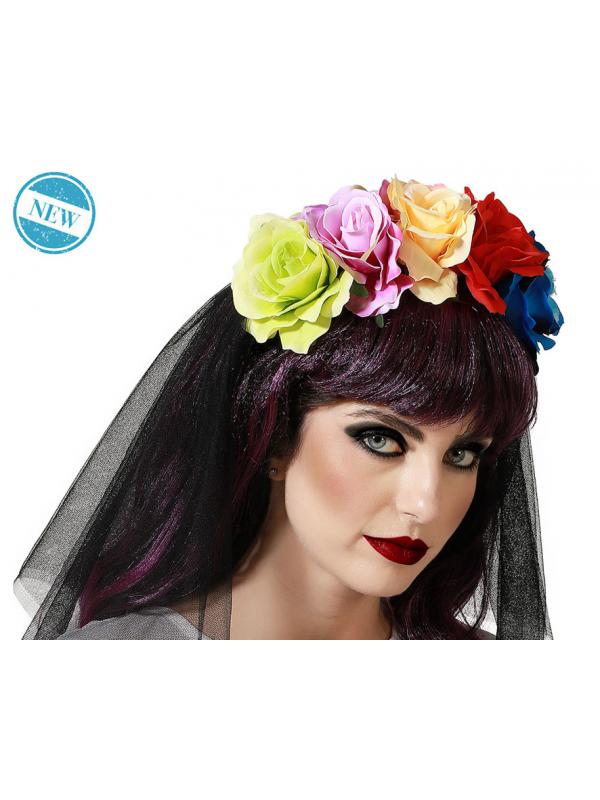 DIADEMA HALLOWEEN VELO CORTO FLORES MULTICOLORES