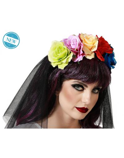 DIADEMA HALLOWEEN VELO CORTO FLORES MULTICOLORES