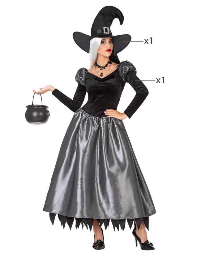 DISFRAZ BRUJA VESTIDO NEGRO Y PLATEADO PARA MUJER | disfrazdisfraz