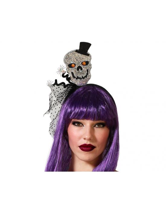 DIADEMA HALLOWEEN CALAVERA PLATEADA BRILLANTE MUJER ADULTO