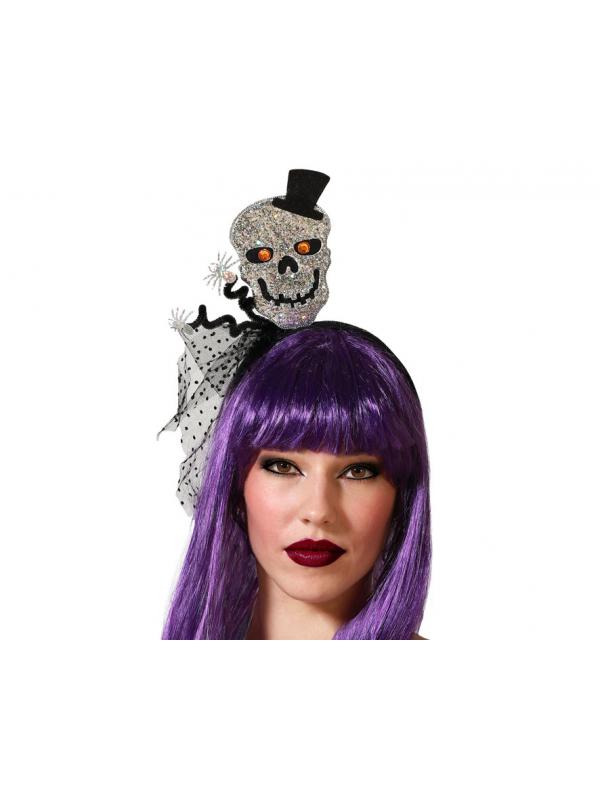 DIADEMA HALLOWEEN CALAVERA PLATEADA BRILLANTE MUJER ADULTO