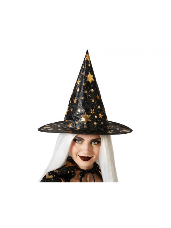 SOMBRERO DE BRUJA NEGRO ESTRELLAS DORADAS