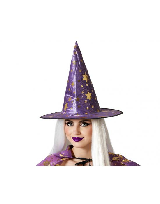 SOMBRERO DE BRUJA MORADO ESTRELLAS MUJER ADULTO