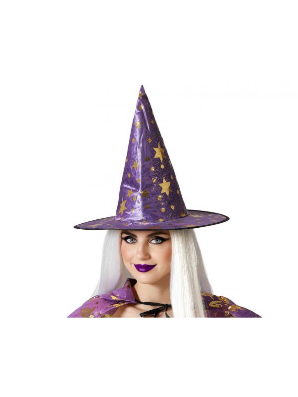 SOMBRERO DE BRUJA MORADO ESTRELLAS MUJER ADULTO