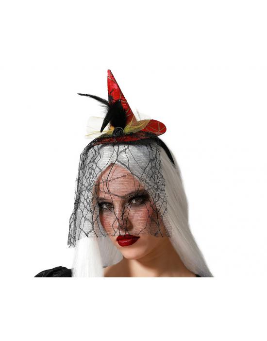 DIADEMA SOMBRERO BRUJA ROJO VELO PLUMAS HALLOWEEN