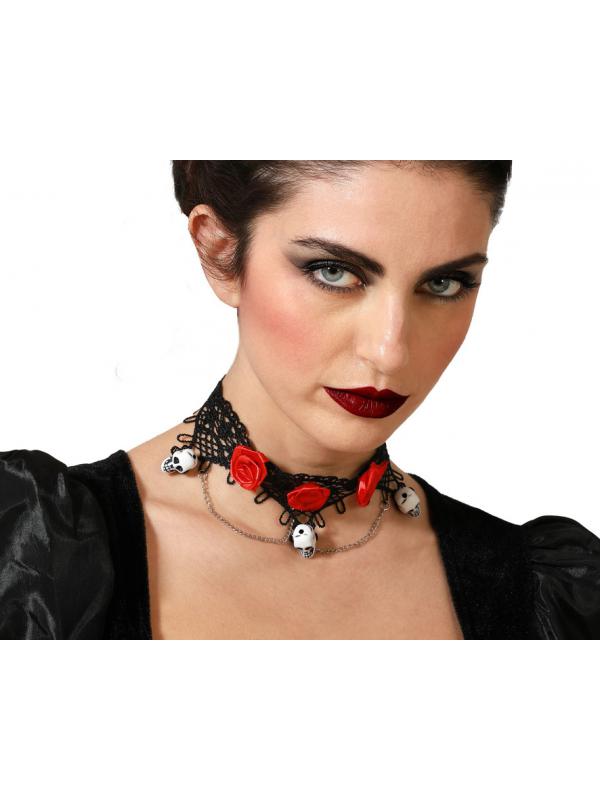 COLLAR CATRINA ROJO NEGRO ROSAS Y CALAVERAS MUJER ADULTO