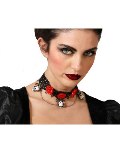 COLLAR CATRINA ROJO NEGRO ROSAS Y CALAVERAS MUJER ADULTO