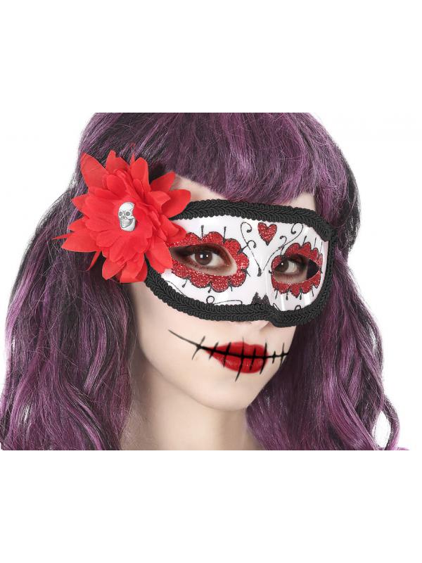 ANTIFAZ HALLOWEEN CATRINA CON ROSA ROJO BLANCO MUJER ADULTO