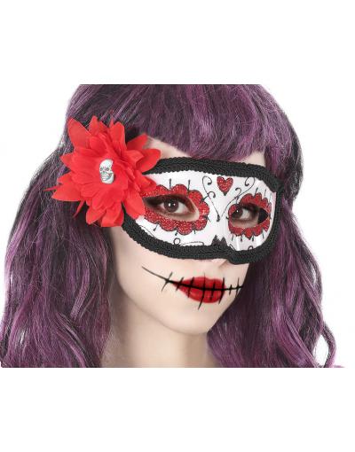 ANTIFAZ HALLOWEEN CATRINA CON ROSA ROJO BLANCO MUJER ADULTO