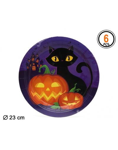 PACK PLATO CALABAZA GATO NEGRO 23 CM 6 UNIDADES