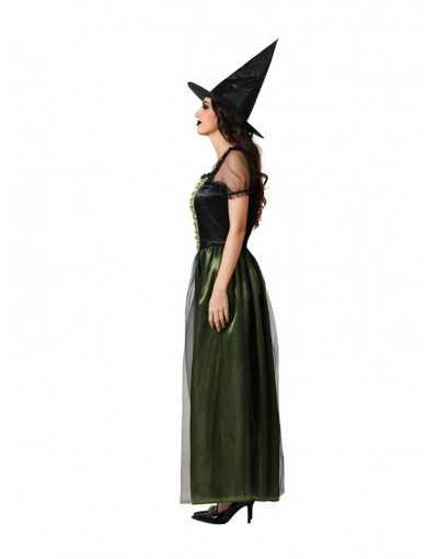 DISFRAZ DE BRUJA VESTIDO VERDE CON SOMBRERO PARA MUJER