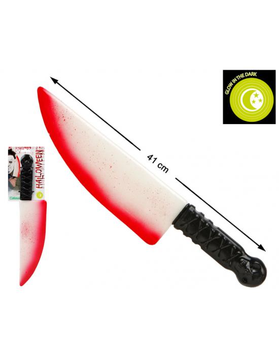 CUCHILLO BRILLA EN LA OSCURIDAD MANCHADO SANGRE 41 CM HALLOWEEN