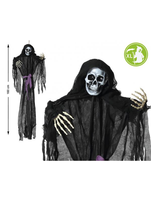 ESQUELETO COLGANTE GIGANTE NEGRO CINTURÓN VIOLETA 160 CM DECORACIÓN HALLOWEEN