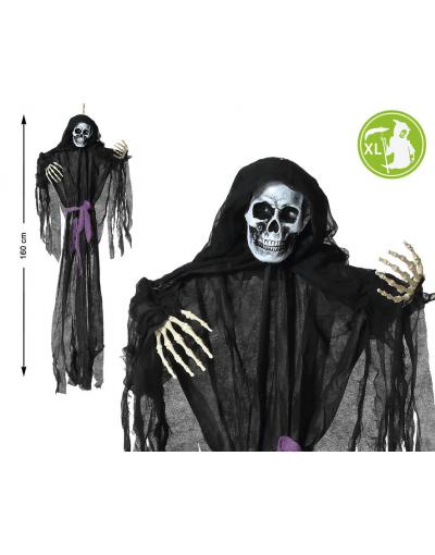 ESQUELETO COLGANTE GIGANTE NEGRO CINTURÓN VIOLETA 160 CM DECORACIÓN HALLOWEEN