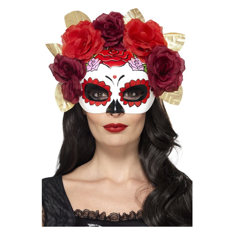 ANTIFAZ DE CATRINA CON ROSAS ROJAS Y GRANATES | disfrazdisfraz