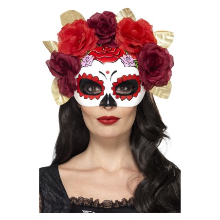 ANTIFAZ DE CATRINA CON ROSAS ROJAS Y GRANATES | disfrazdisfraz
