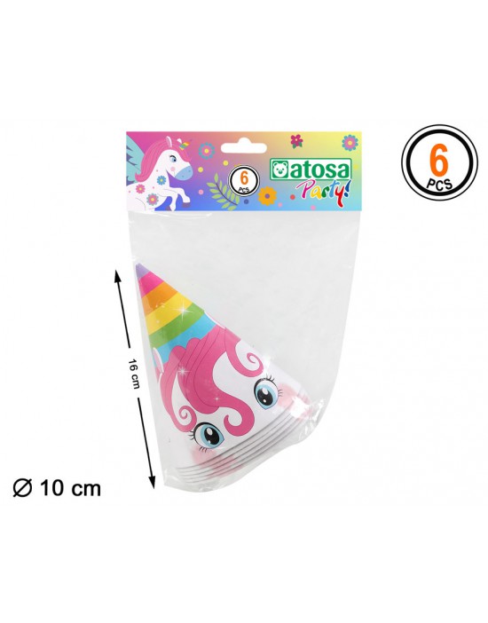 SET 6 GORROS DE CARTON UNICORNIO MULTICOLOR 10 CM DIÁMETRO